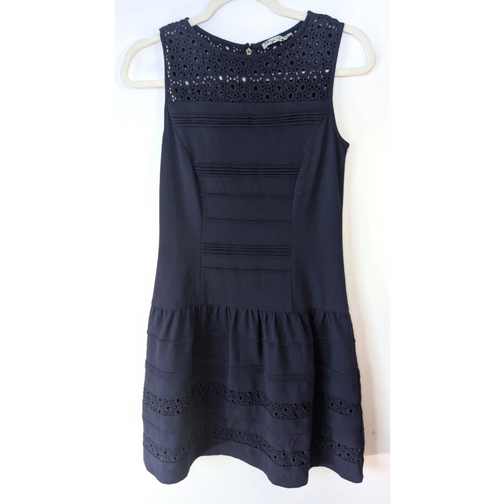 Eliza J Sleeveless Navy Knee Length Lace Eyelet Dress 4